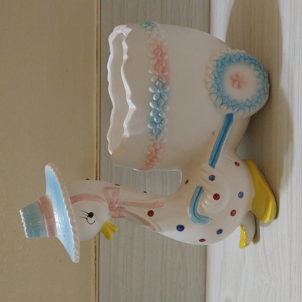 Vintage 1950's Relpo Easter Planter/Vase Polka Dot Duck In Sun Hat